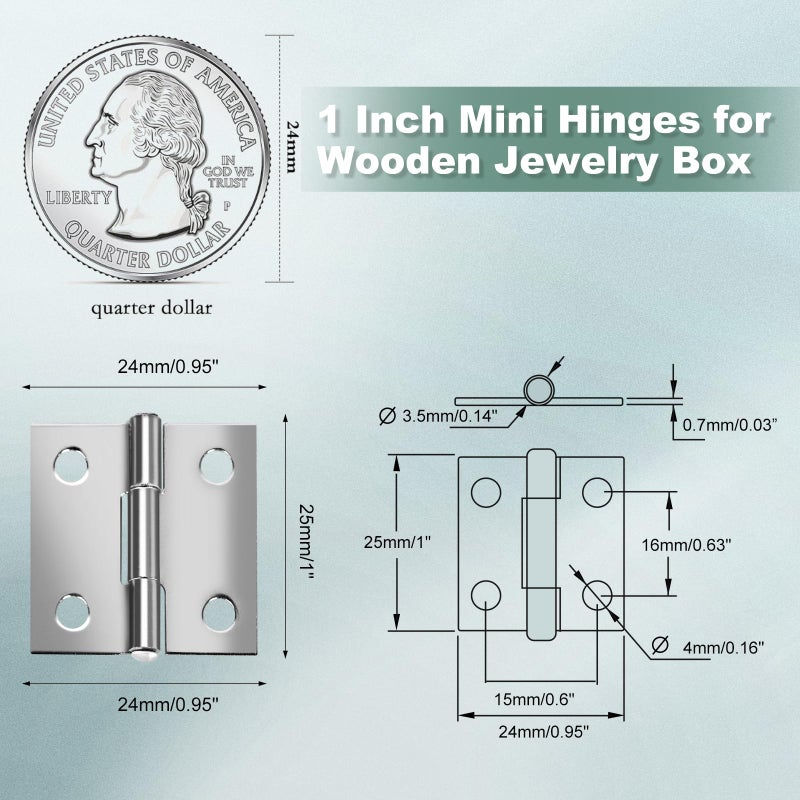 VUTHLRV 14 Sets Small Hinges with Screws  Stainless Steel Jewelry Box Hinges Silver  1 in Mini Hinges for Wooden Box  Folding Butt Hinges  Miniature Hinges  Jewelry Box Hardware Hinges - Image 3